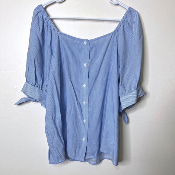 LC Lauren Conrad Off Shoulder Top Large Peasant Blouse Blue White Striped - Picture 1 of 5